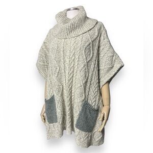 LED LUXE ESSENTIALS DENIM Cable Knit Turtleneck Poncho  Contrast Pockets